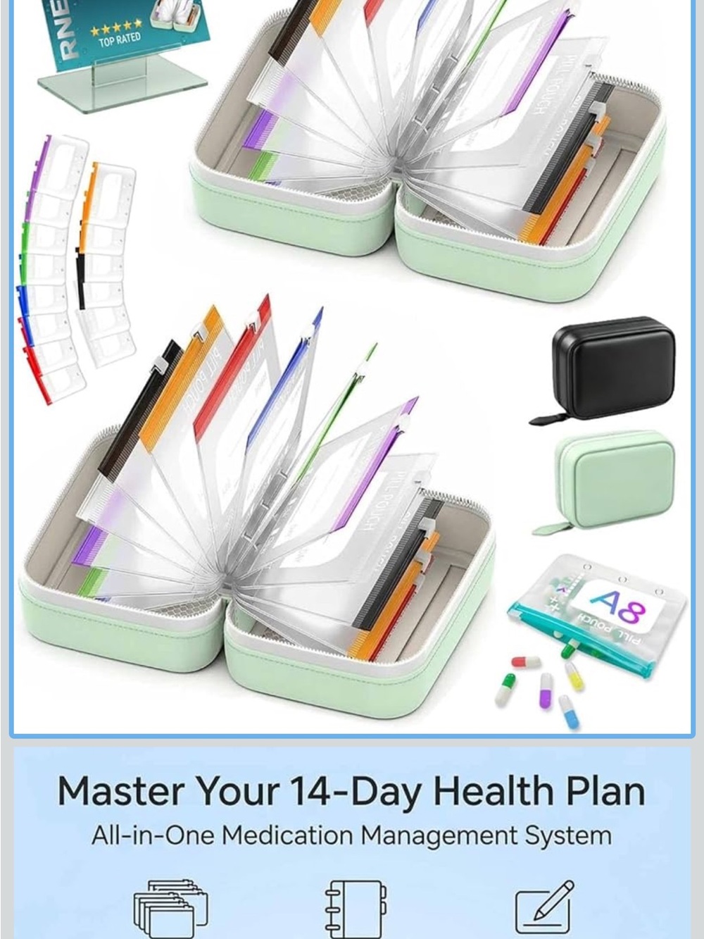 Amazon 14-Day Pill Organizer Case in Mint with Multicolor Tabs set of 2